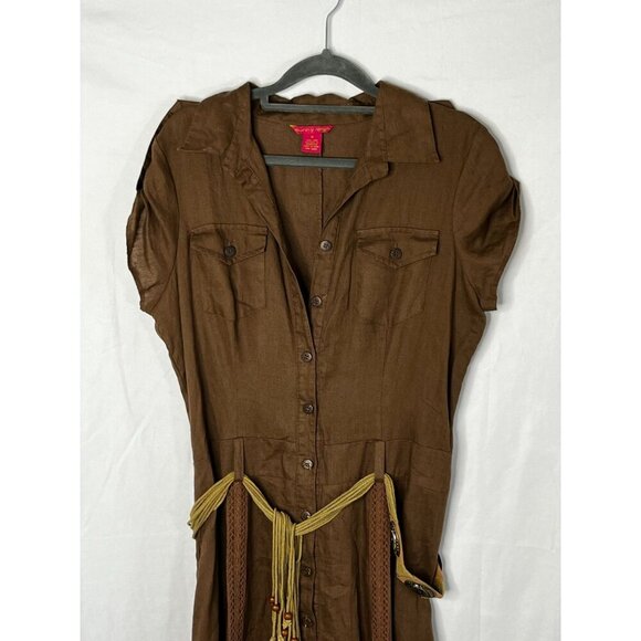 Sunny Leigh Vintage Hi-Low 100% Linen Western‎ Style Midi Dress Brown Belted 10 - Picture 2 of 10